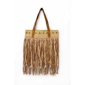 Amiani Boho Fringe Tote Bag Tan Canvas, Leather Jute Western Fringe Braided Bead
